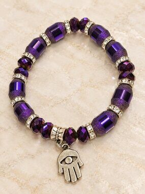Purple Glass Bead Hamsa Hand Stretch Bracelet